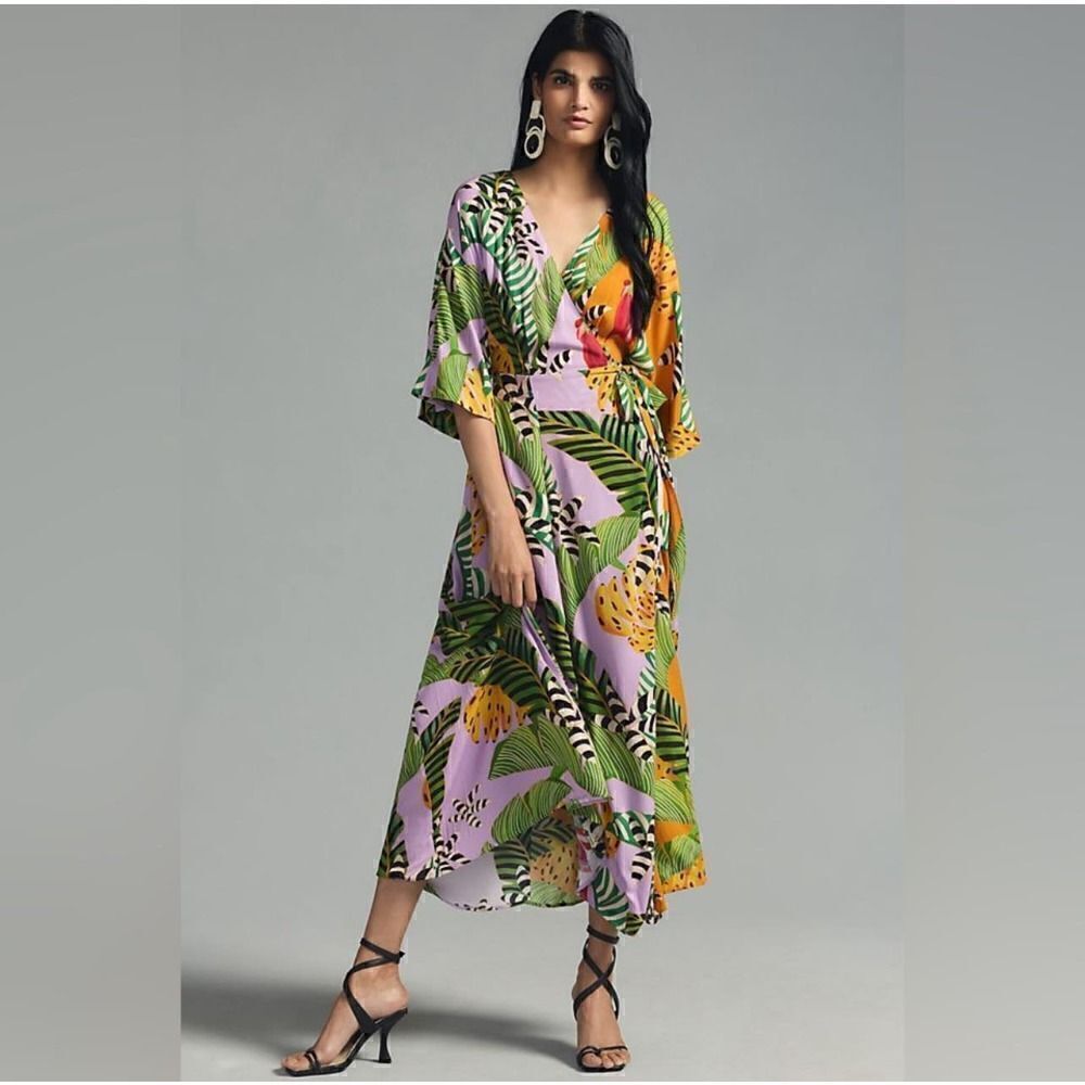 FARM RIO Mixed Striped Bananas Maxi Wrap Dress, Size XS